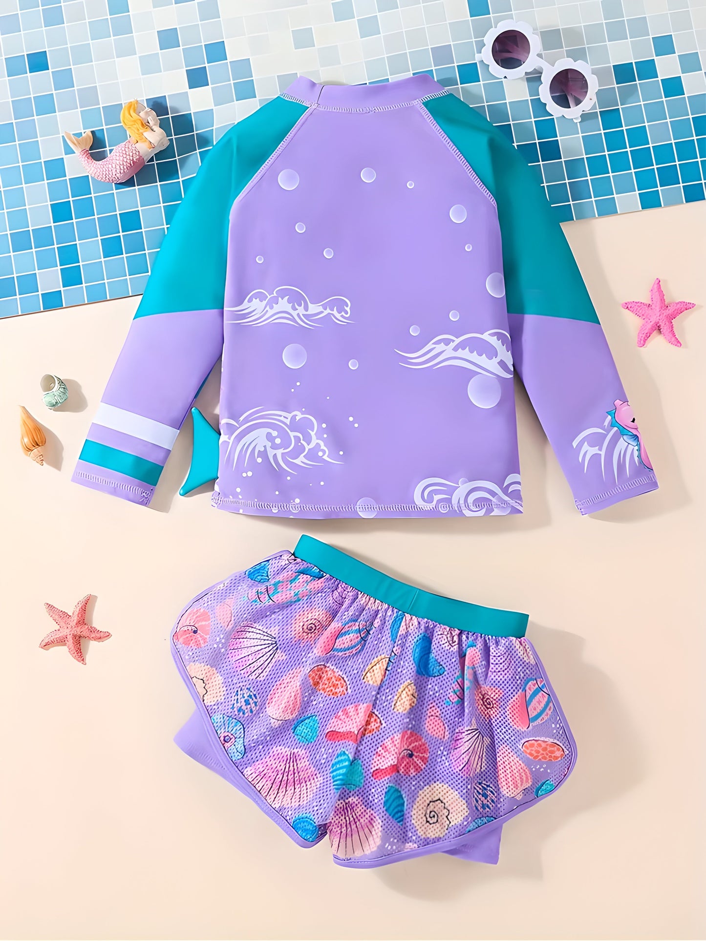 6-10Y Girls Long Sleeved Purple Swimsuit 2pcs Set