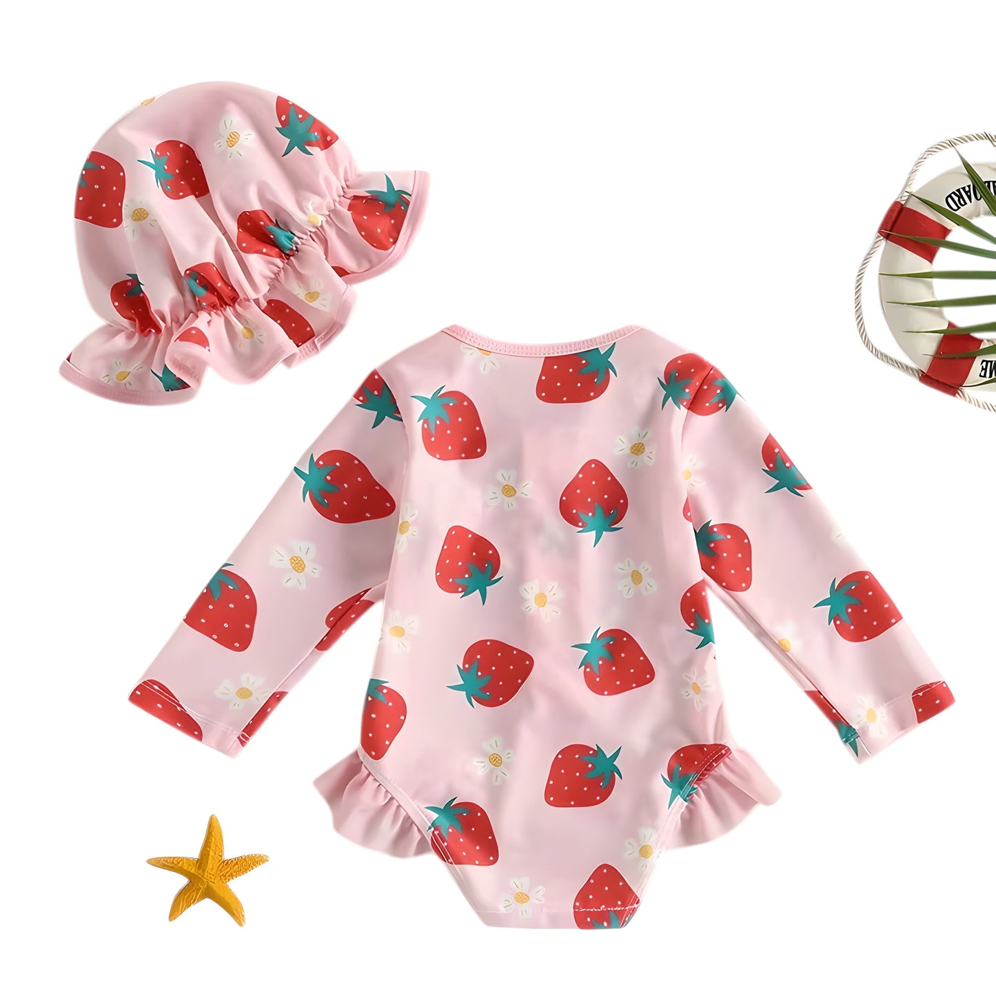 0-3Y Girls Long Sleeve Swimsuit Zipper Strawberry Print