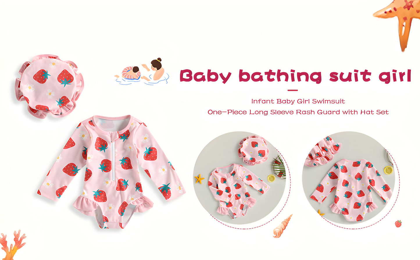 0-3Y Girls Long Sleeve Swimsuit Zipper Strawberry Print