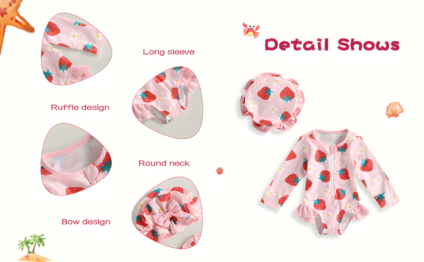 0-3Y Girls Long Sleeve Swimsuit Zipper Strawberry Print
