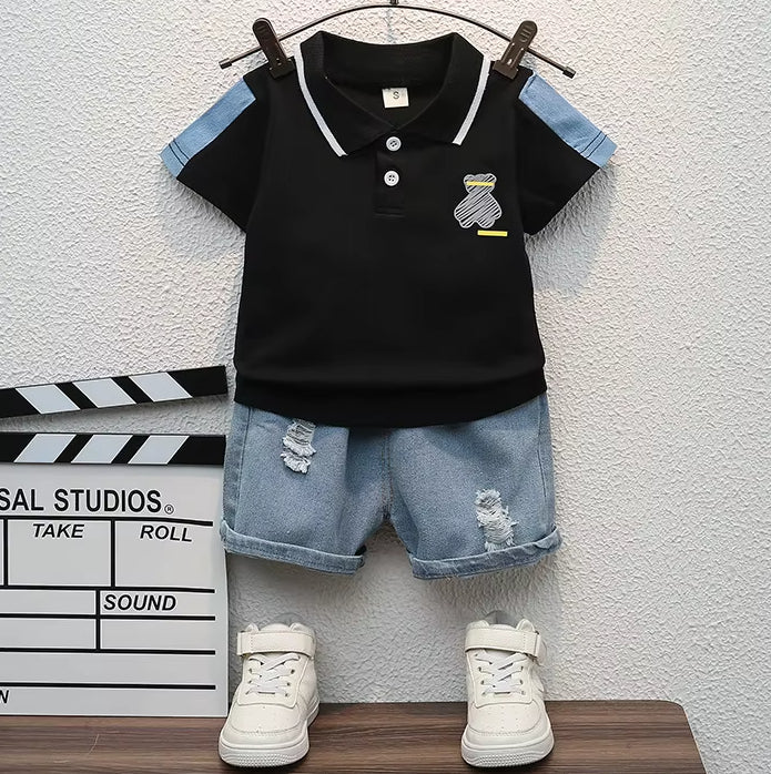 Baby Boys Casual Cartoon Polo T-Shirt With Denim Short Set