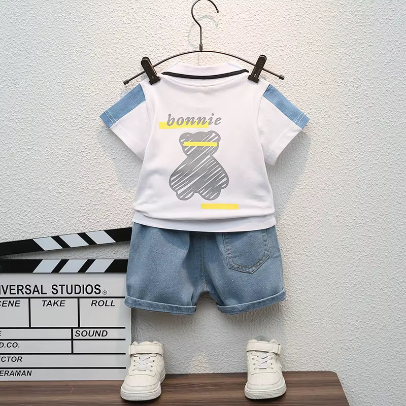 Baby Boys Casual Cartoon Polo T-Shirt With Denim Short Set