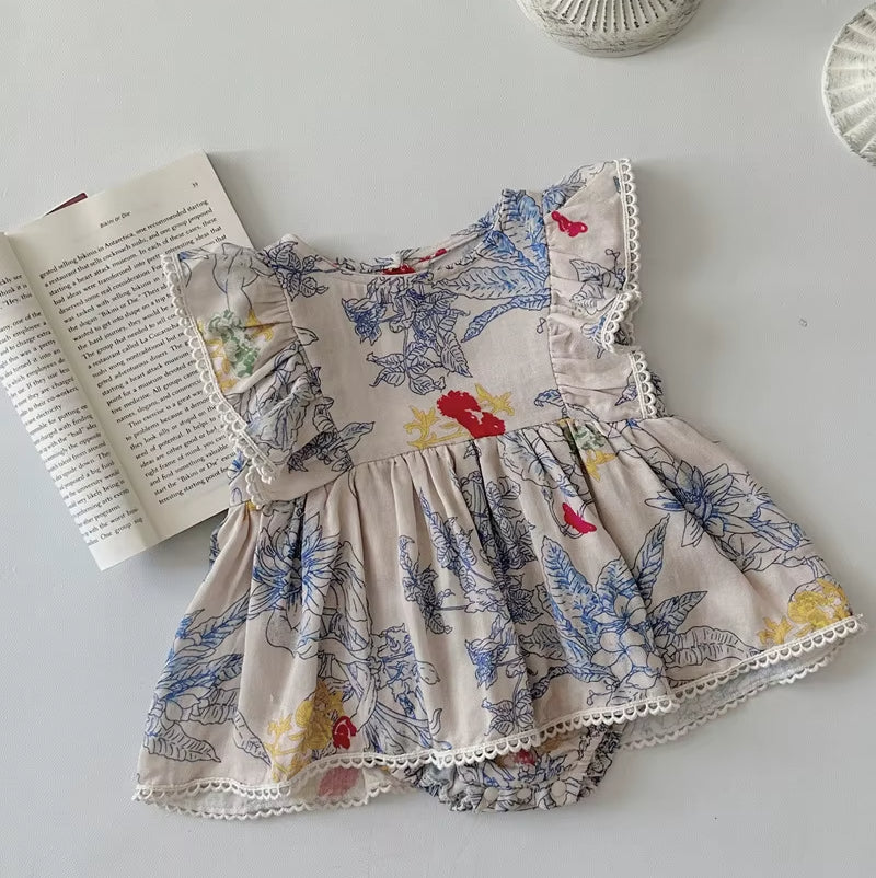 Baby Girl Cotton Floral Print Short Sleeve Romper Dress