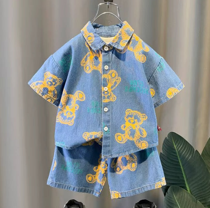 Boys Denim Sets Cartoon Bear T-Shirt Shorts