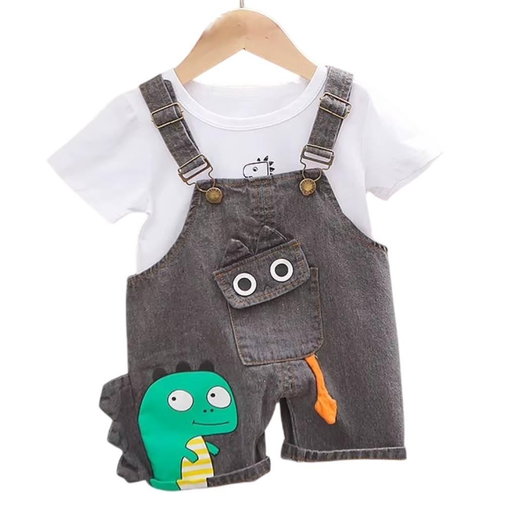 Toddler 2 Piece Outfit T-Shirt and Dinosaur Denim Overalls Set