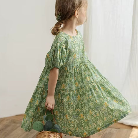 Green Girl Dress Bubble Sleeve Princess Back Hollow Bow