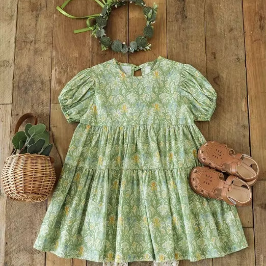 Green Girl Dress Bubble Sleeve Princess Back Hollow Bow
