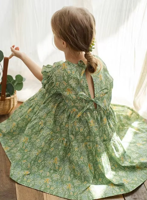 Green Girl Dress Bubble Sleeve Princess Back Hollow Bow