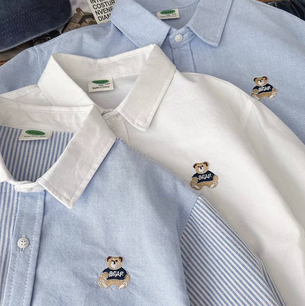 Boys Embroidered Bear Long Sleeve Cotton Shirt for Kids