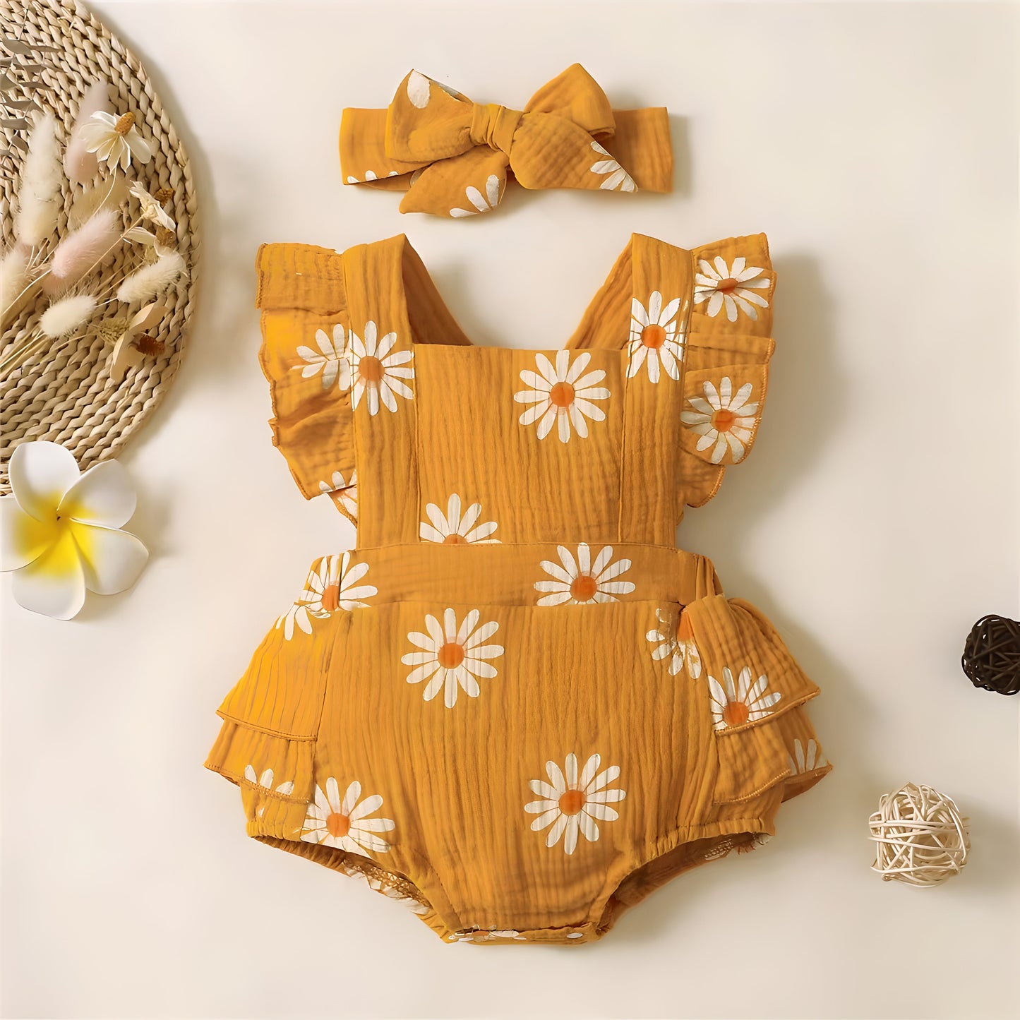 Baby Girl Romper Boho Ruffle Sleeveless Newborn Bodysuit with Headband