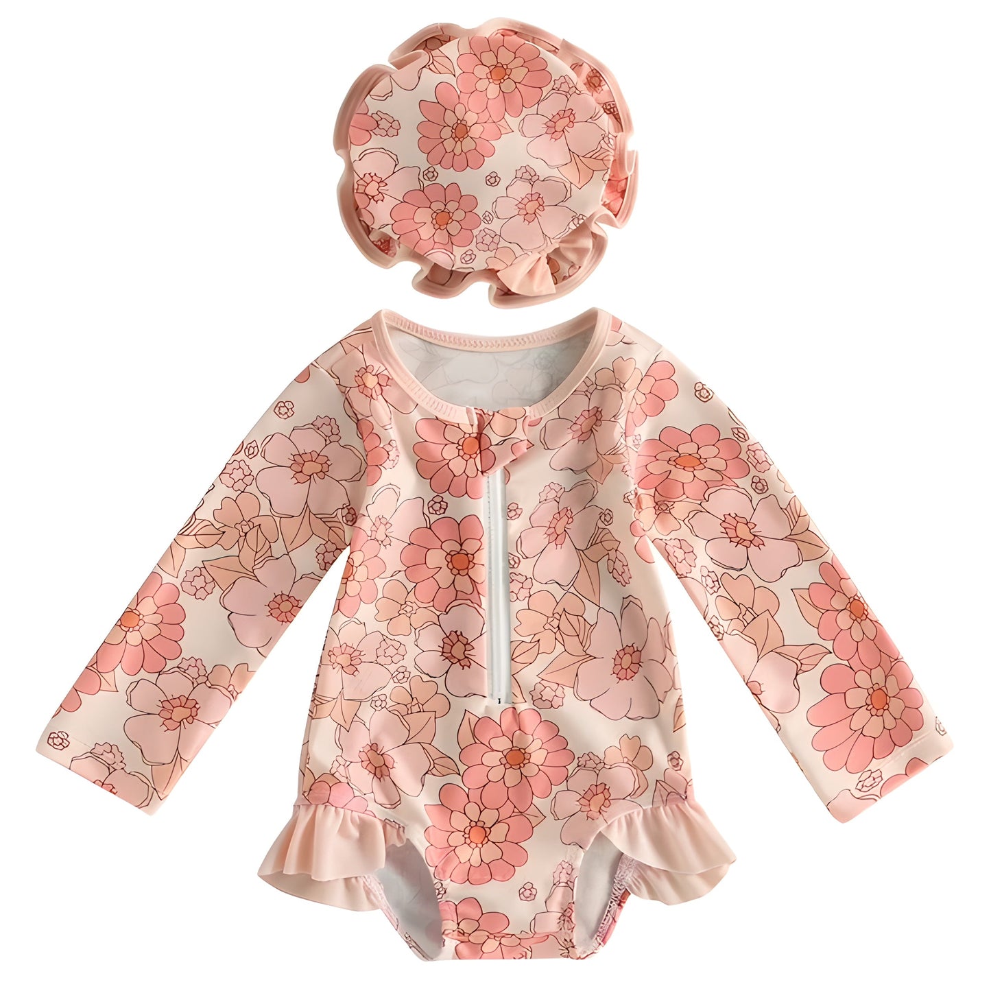 0-3Y Girl Rash Guard Swimsuit Long Sleeve with Sun Hat