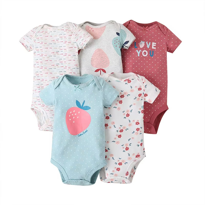 Long & Short Sleeves 5-Pack Baby Girl Onesies 100% Cotton Nature Prints