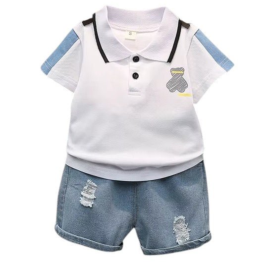 Baby Boys Casual Cartoon Polo T-Shirt With Denim Short Set