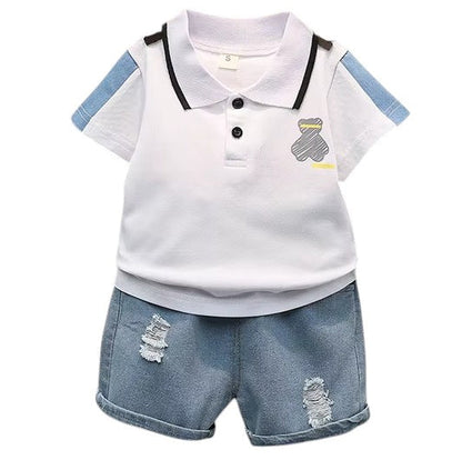 Baby Boys Casual Cartoon Polo T-Shirt With Denim Short Set