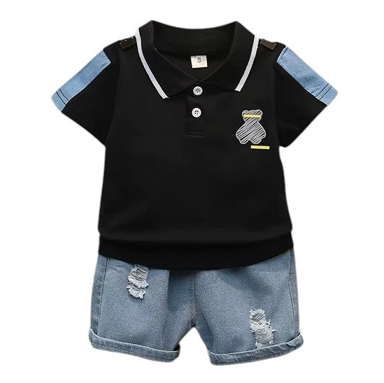 Baby Boys Casual Cartoon Polo T-Shirt With Denim Short Set