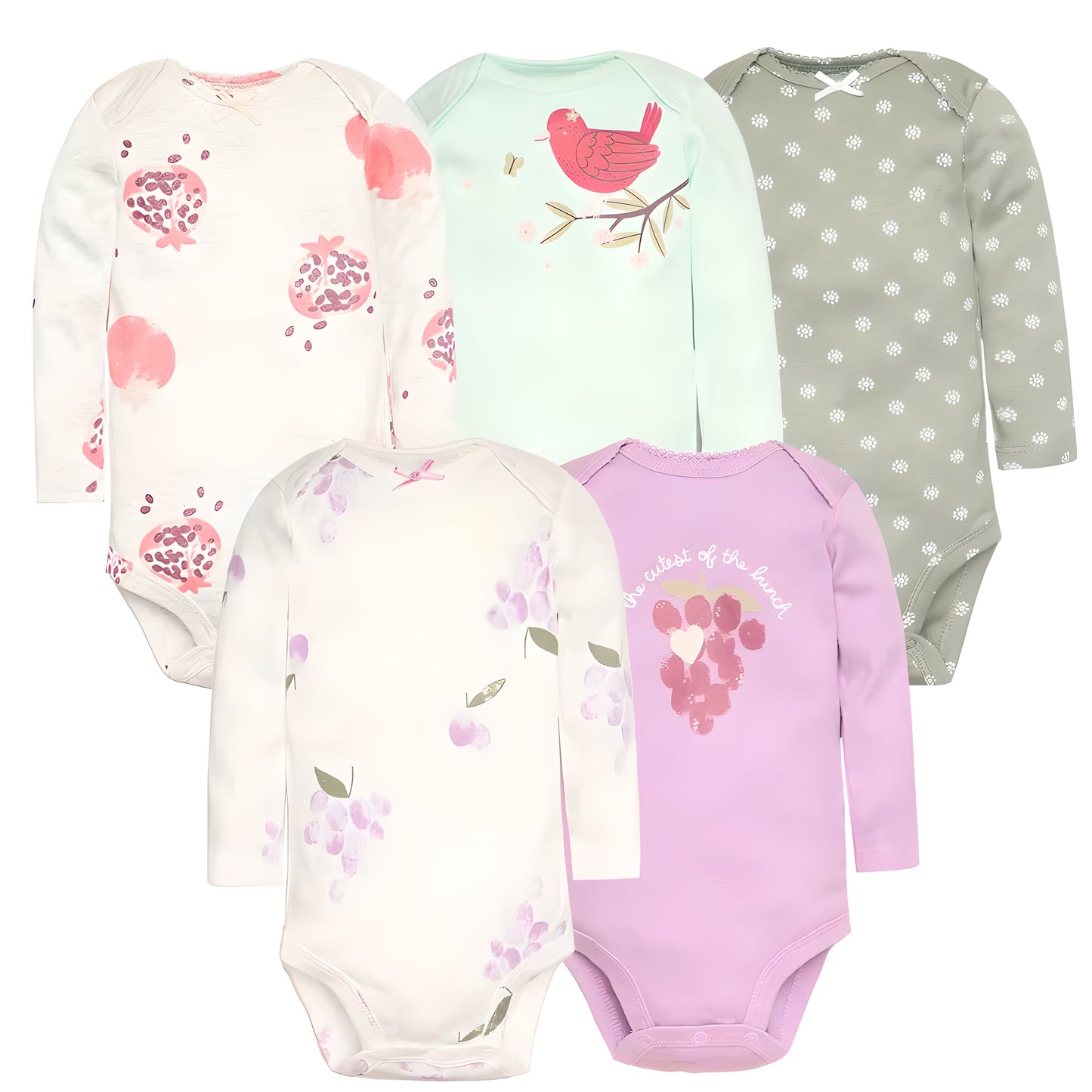 Short & Long Sleeves 5-Pack Bodysuits Baby Girl Onesies 100% Cotton Pastel Colors