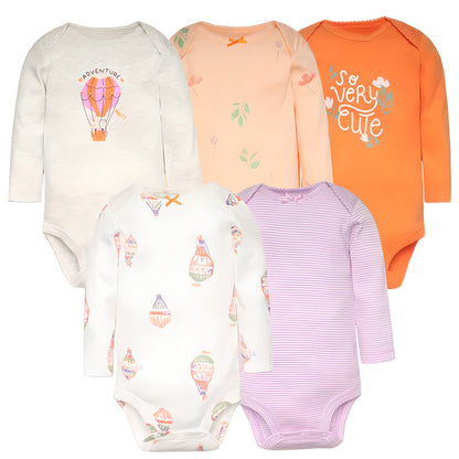 Long & Short Sleeves 5-Pack Baby Girl Onesies 100% Cotton Pastel & Warm Tones