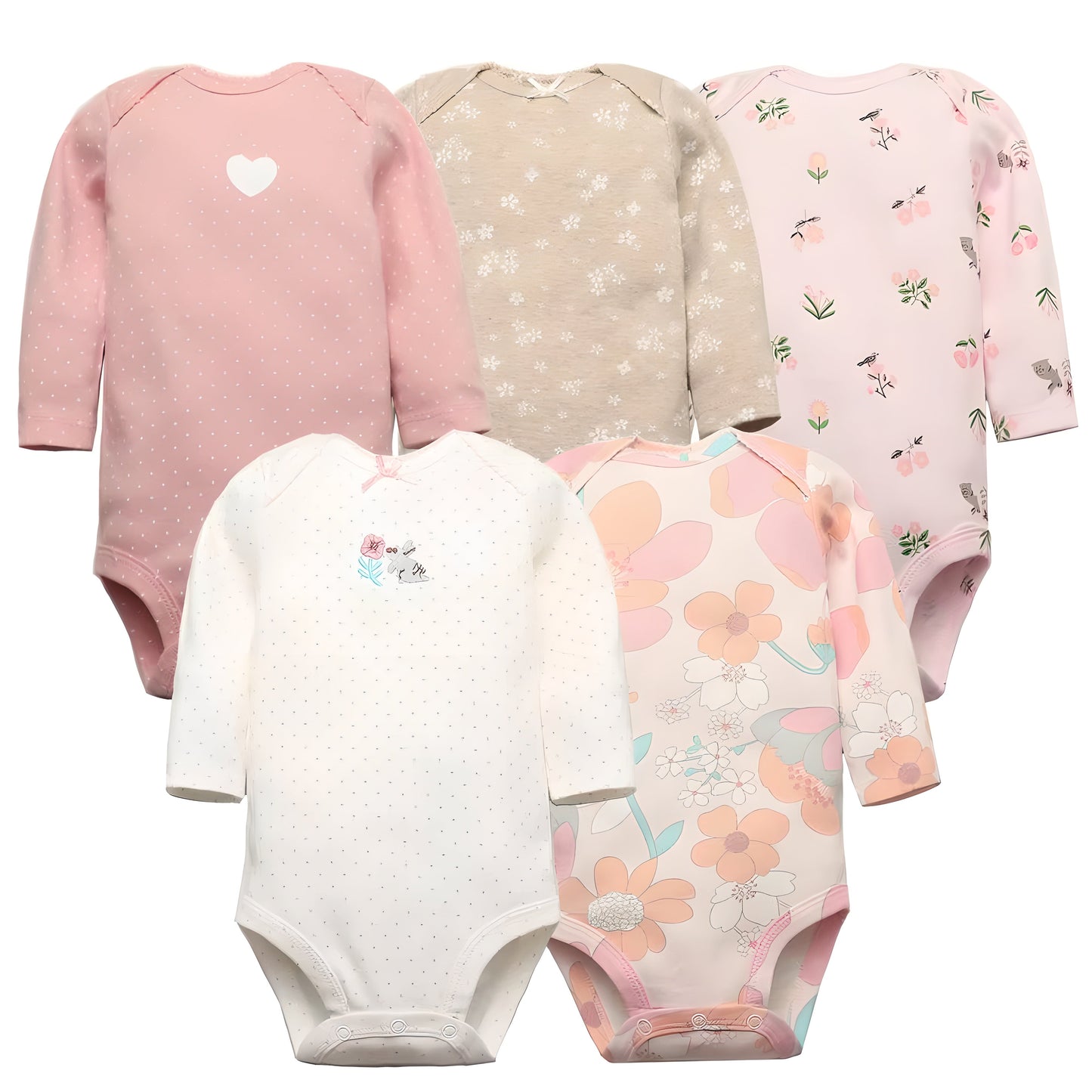 Long & Short Sleeves 5-Pack Baby Girl Onesies 100% Cotton Floral Print