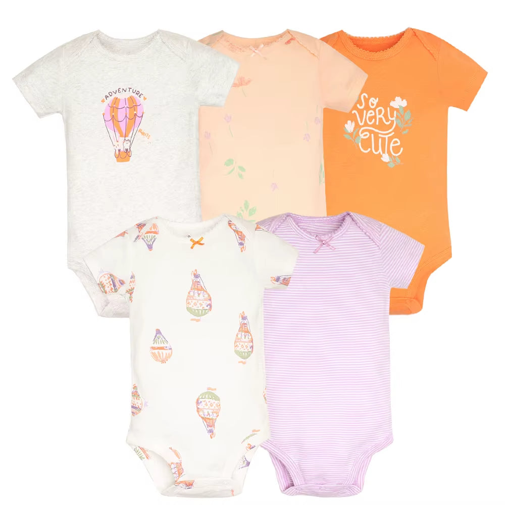 Long & Short Sleeves 5-Pack Baby Girl Onesies 100% Cotton Pastel & Warm Tones