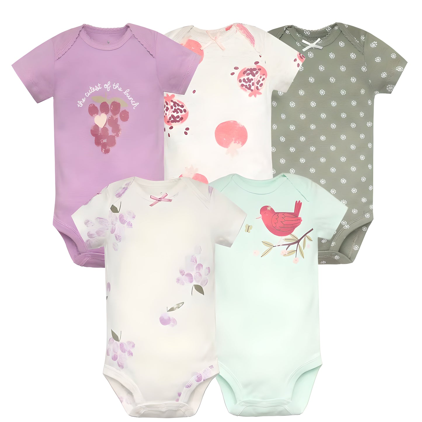 Short & Long Sleeves 5-Pack Bodysuits Baby Girl Onesies 100% Cotton Pastel Colors