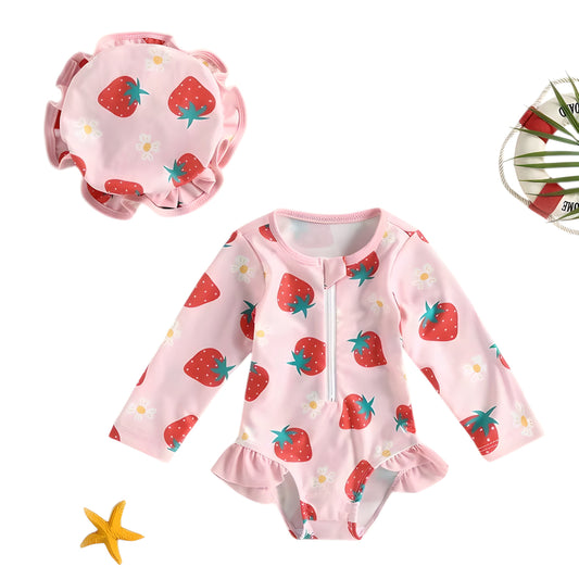 0-3Y Girls Long Sleeve Swimsuit Zipper Strawberry Print