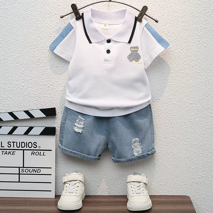 Baby Boys Casual Cartoon Polo T-Shirt With Denim Short Set
