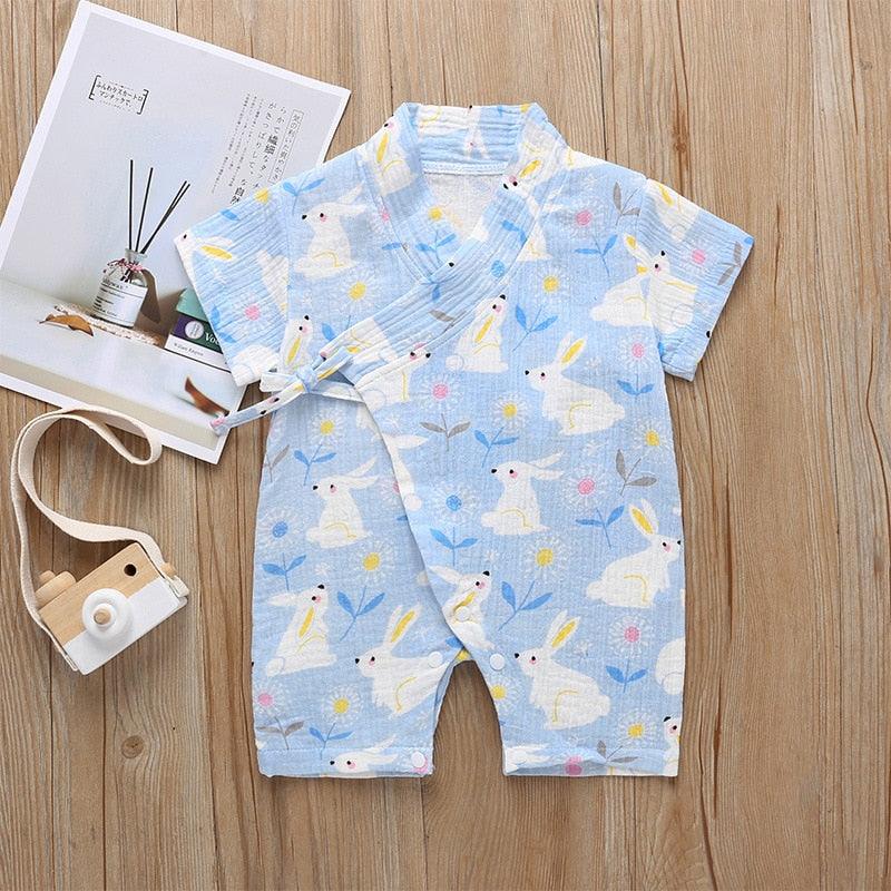 Boy Kimono Romper Baby Newborn Infant Blue Rabbit Print