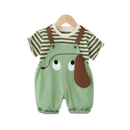 Toddler Summer Outfit Cartoon Striped T-Shirt Bib Pants Set