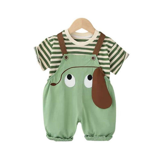 Toddler Summer Outfit Cartoon Striped T-Shirt Bib Pants Set