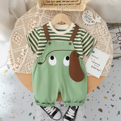Toddler Summer Outfit Cartoon Striped T-Shirt Bib Pants Set