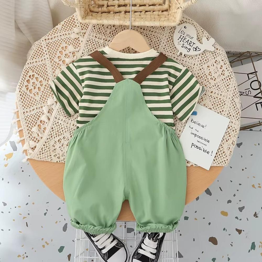 Toddler Summer Outfit Cartoon Striped T-Shirt Bib Pants Set