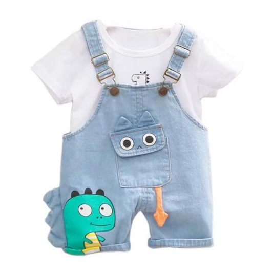 Toddler 2 Piece Outfit T-Shirt and Dinosaur Denim Overalls Set