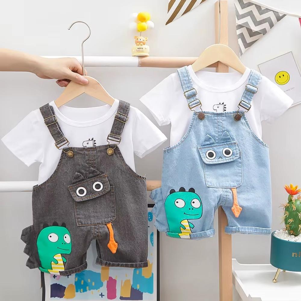Toddler 2 Piece Outfit T-Shirt and Dinosaur Denim Overalls Set