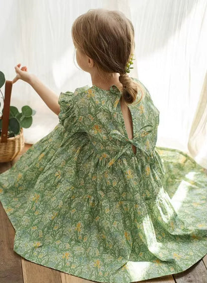 Green Girl Dress Bubble Sleeve Princess Back Hollow Bow