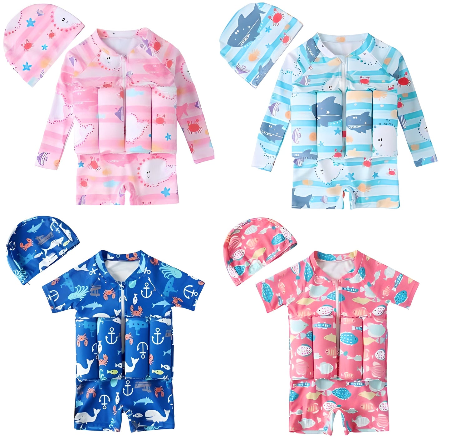 One-Piece Puddle Jumper Style Swimwear with Hat – Buoyancy Swimsuit for Girls and Boys