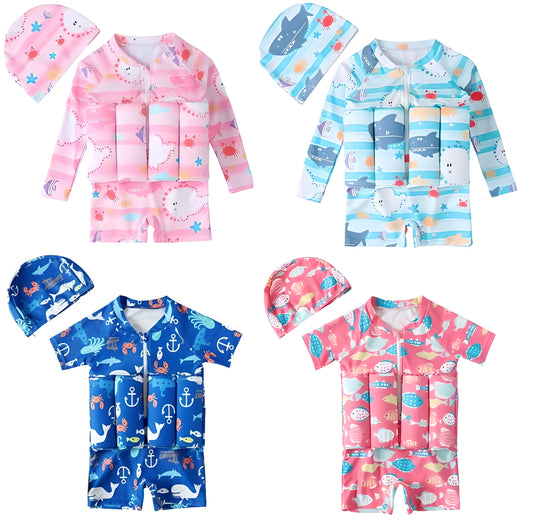 Kids Buoyancy One Piece Swimsuit with Hat for Girls and Boys