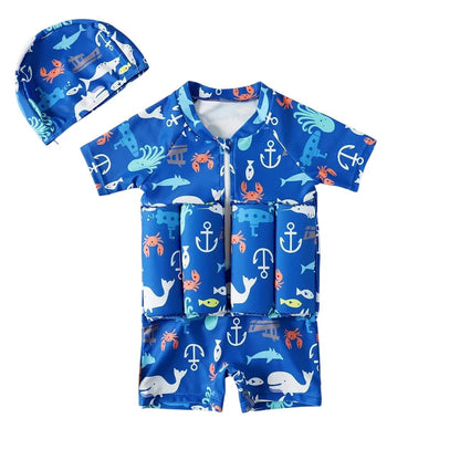 One-Piece Puddle Jumper Style Swimwear with Hat – Buoyancy Swimsuit for Girls and Boys