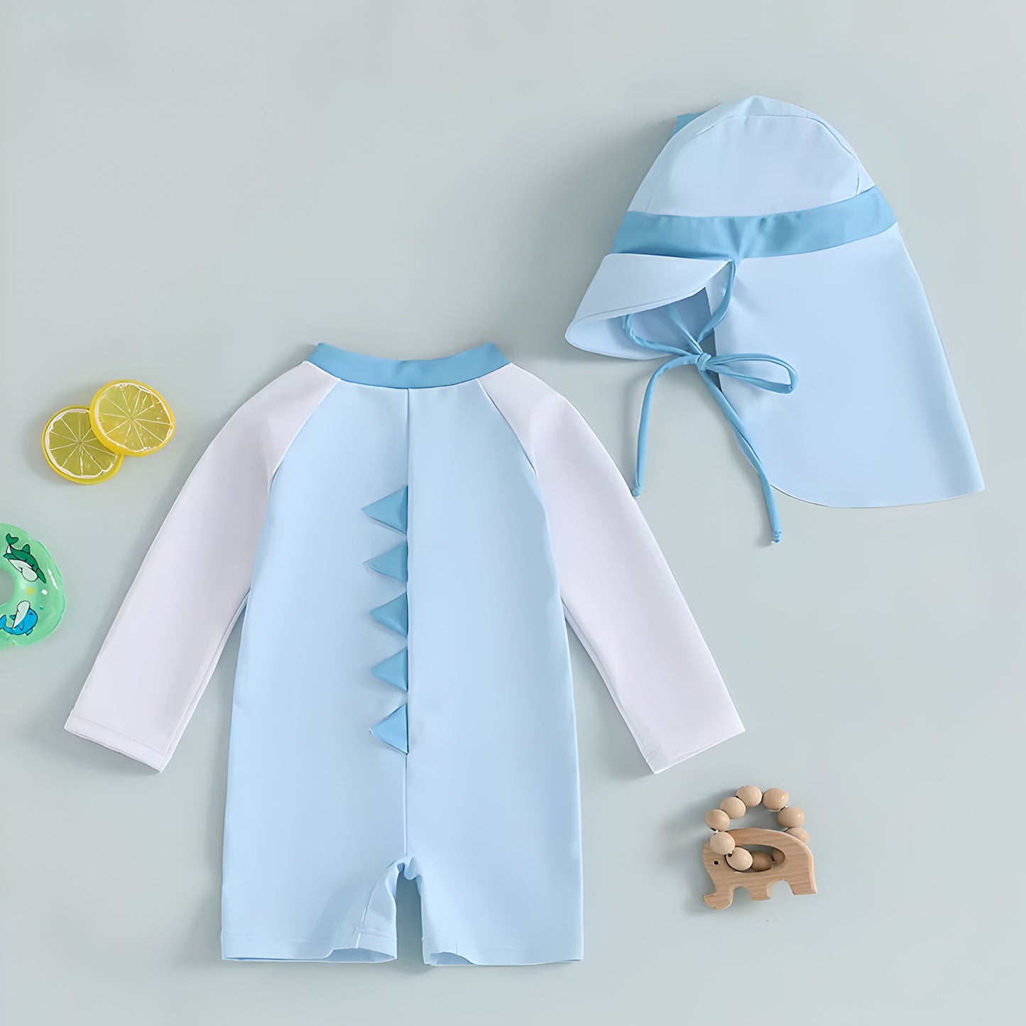 0-3Y Boys Swimsuit Dinosaur Print Long Sleeve with Hat