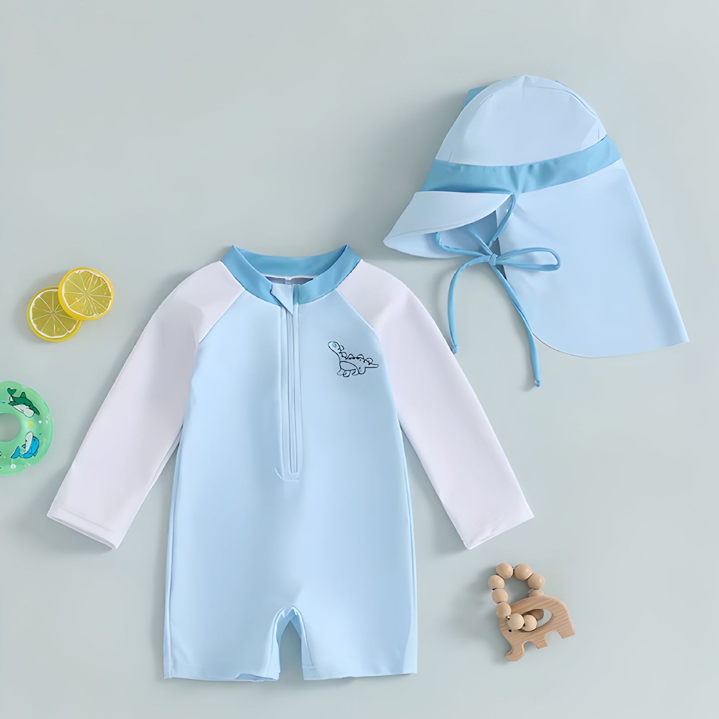 0-3Y Boys Swimsuit Dinosaur Print Long Sleeve with Hat