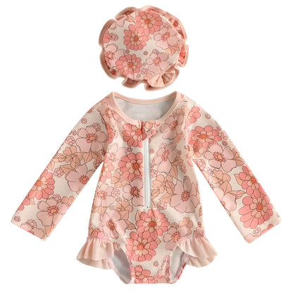0-3Y Girl Rash Guard Swimsuit Long Sleeve with Sun Hat