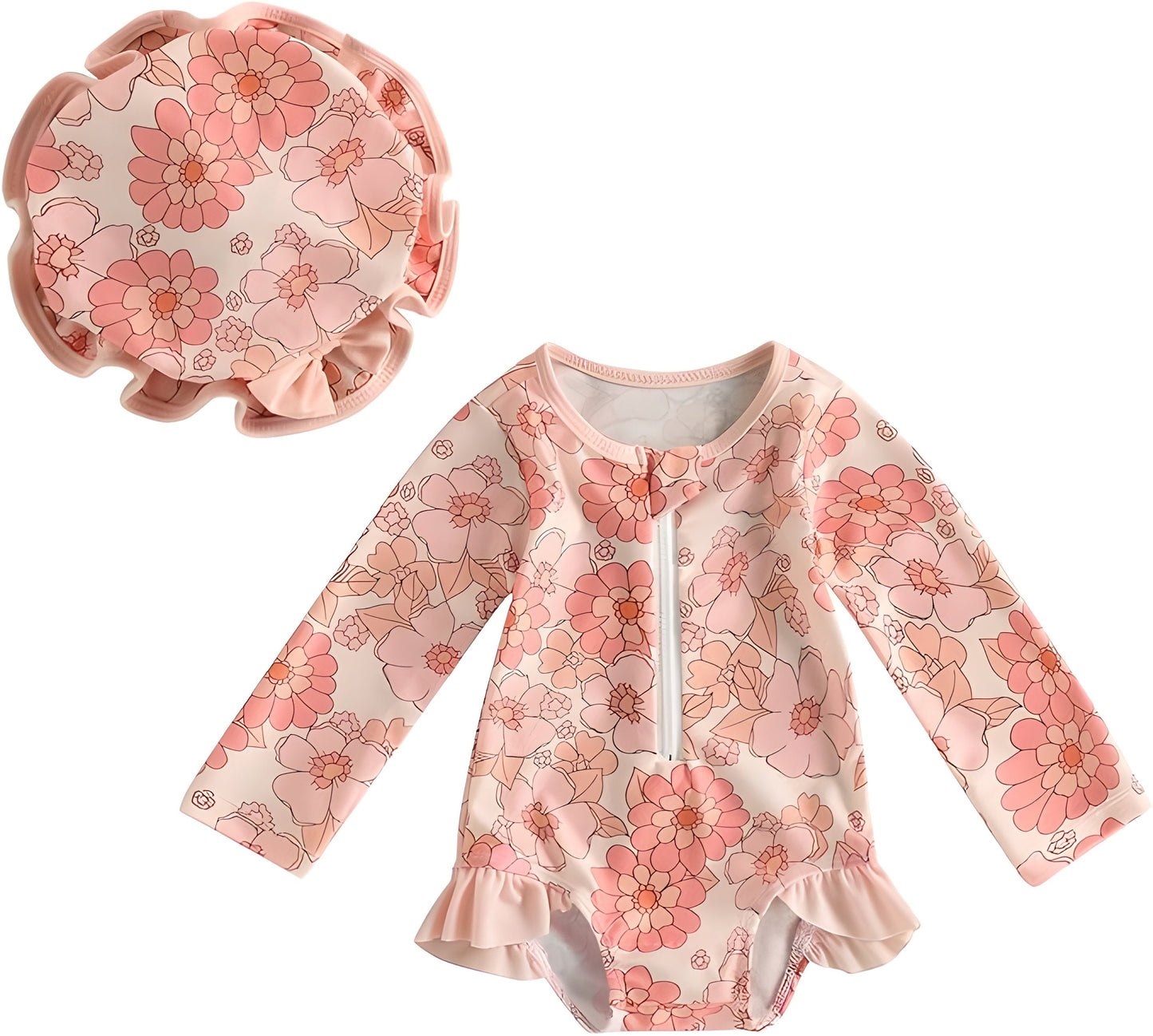 0-3Y Girl Rash Guard Swimsuit Long Sleeve with Sun Hat